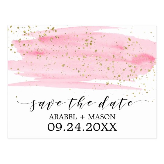 Watercolor Pink Blush & Gold Wedding Save the Date Postcard