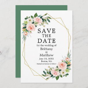 Watercolor Pink Blush Roses Greenery Geo Frame Save The Date