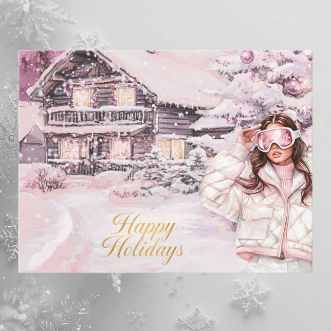 Watercolor Pink Blush Ski Chalet Happy Holidays Holiday Postcard (Creator Uploaded)