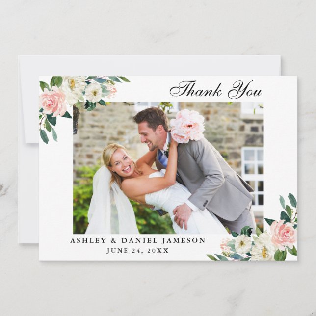 Watercolor Pink Blush Wedding Photo Thank You Card (Front)