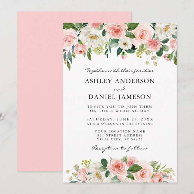 Watercolor Pink Blush White Floral Elegant Wedding Invitation (Front/Back)