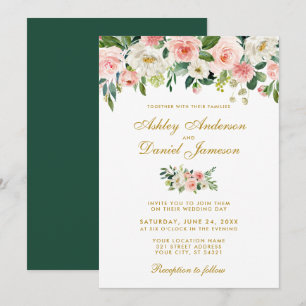 Watercolor Pink Blush White Floral Gold Wedding G Invitation