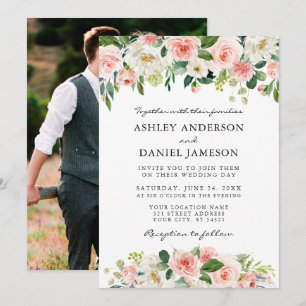 Watercolor Pink Blush White Floral Photo Wedding Invitation