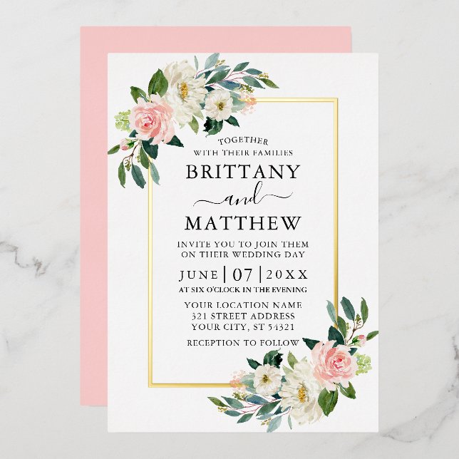  Watercolor Pink Blush White Floral Wedding Gold (Front/Back)