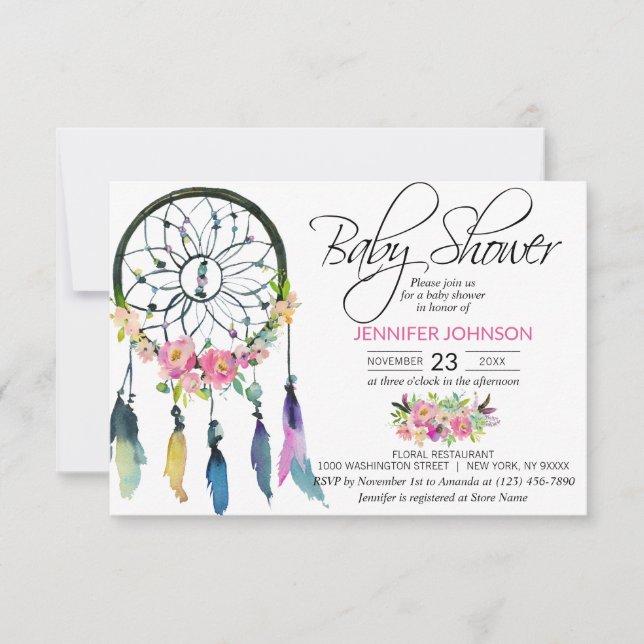 Watercolor Pink Boho Dreamcatcher Baby Shower Invitation (Front)