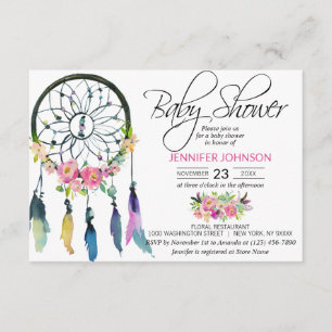 Watercolor Pink Boho Dreamcatcher Baby Shower Invitation