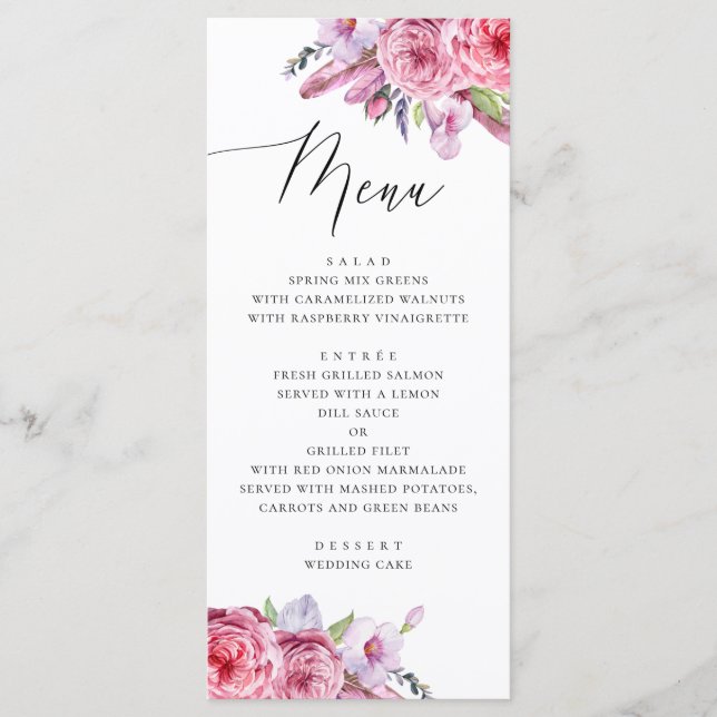 Watercolor pink boho floral and feathers wedding menu (Front)