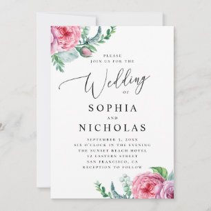 Watercolor pink boho floral. Bohemian wedding Invitation