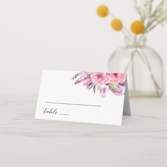 Watercolor pink boho floral feathers wedding place card (Front)