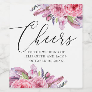 Watercolor pink boho floral feathers wedding wine label