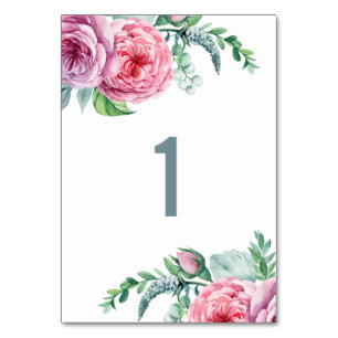 Watercolor pink boho floral wedding. Garden flower Table Number