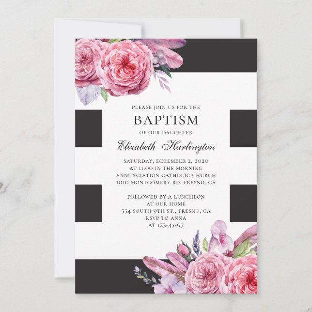 Watercolor pink boho flowers and feathers baptism invitation (Front)