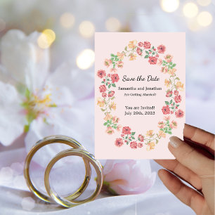Watercolor Pink Boho Ring Flowers Save the Date Invitation