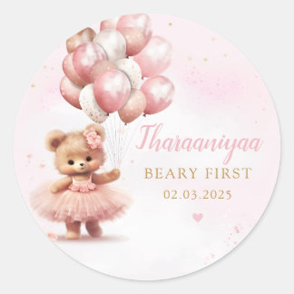 Watercolor Pink Boho Teddy Bear Girl Baby Shower Classic Round Sticker