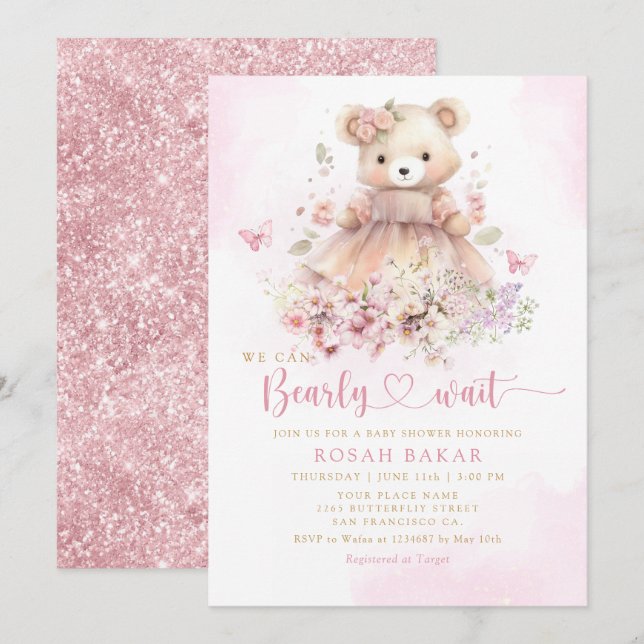 Watercolor Pink Boho Teddy Bear Girl Baby Shower Invitation (Front/Back)