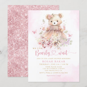 Watercolor Pink Boho Teddy Bear Girl Baby Shower Invitation