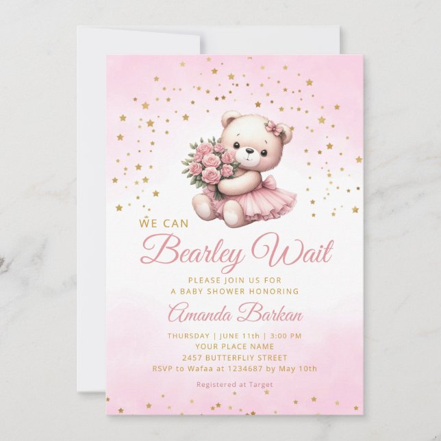 Watercolor Pink Boho Teddy Bear Girl Baby Shower Invitation (Front)