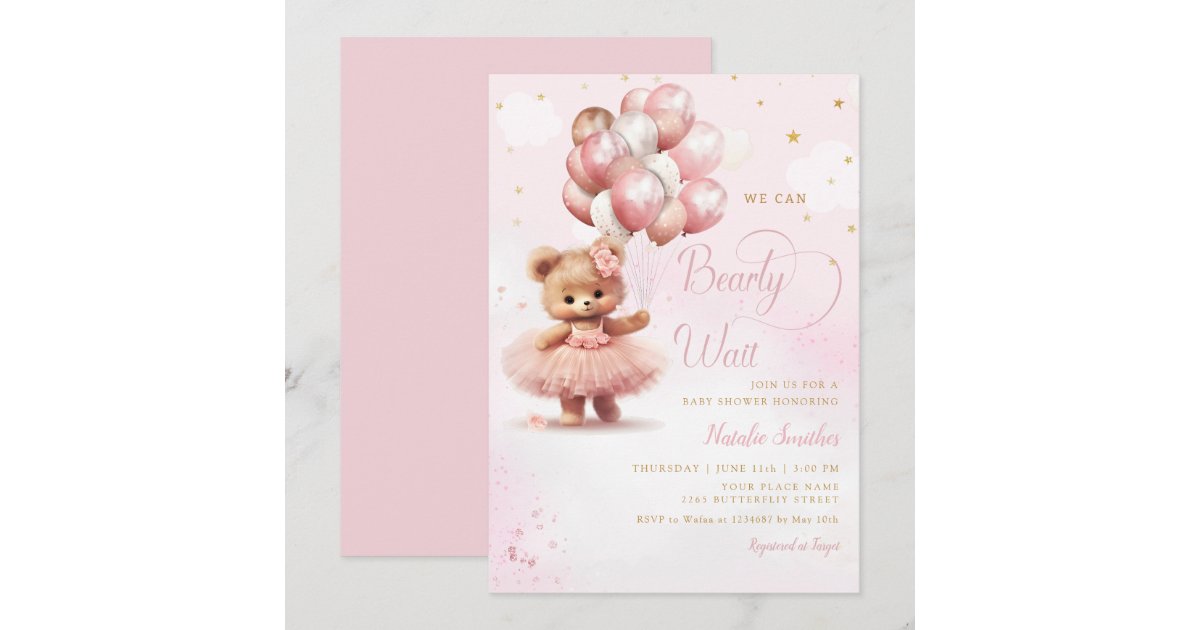 Watercolor Pink Boho Teddy Bear Girl Baby Shower Invitation | Zazzle