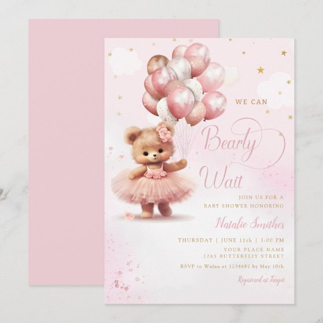 Watercolor Pink Boho Teddy Bear Girl Baby Shower  Invitation (Front/Back)
