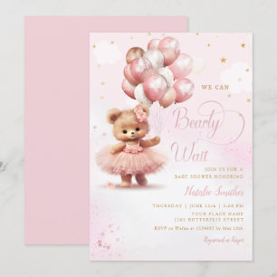 Watercolor Pink Boho Teddy Bear Girl Baby Shower  Invitation
