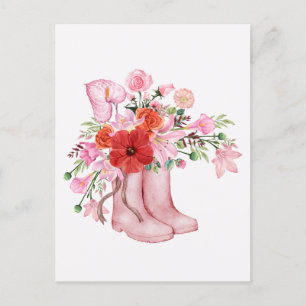 Watercolor pink boots floral bouquet art postcard
