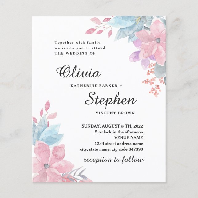 Watercolor pink botanic floral wedding. Blush Invi Flyer (Front)