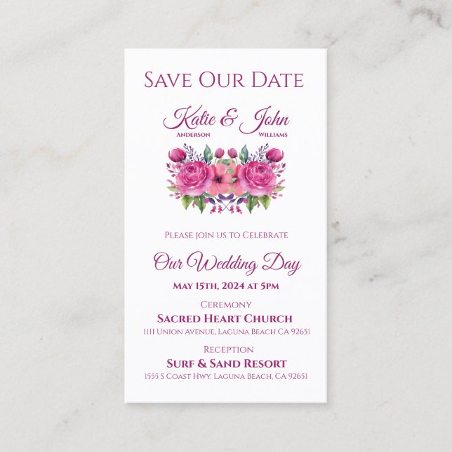 Watercolor Pink Bouquet-Wedding Save the Date-  Business Card (Front)