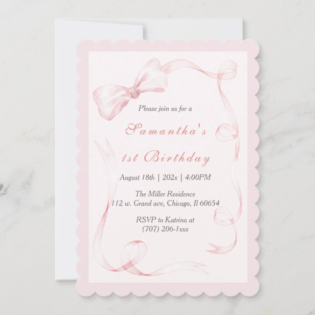 Watercolor Pink Bow 1st Birthday Invitation (Front)