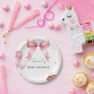 Watercolor Pink Bow Baby Shower Paper Plate
