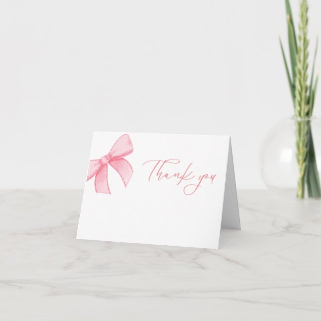 Watercolor Pink Bow Baby Shower Thank You Card (Front)