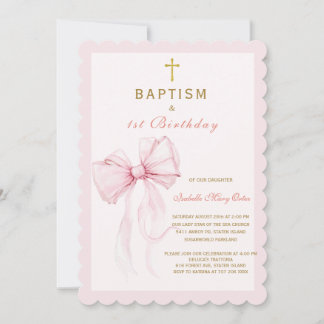  Watercolor Pink Bow Baptism and Birthday Invitation