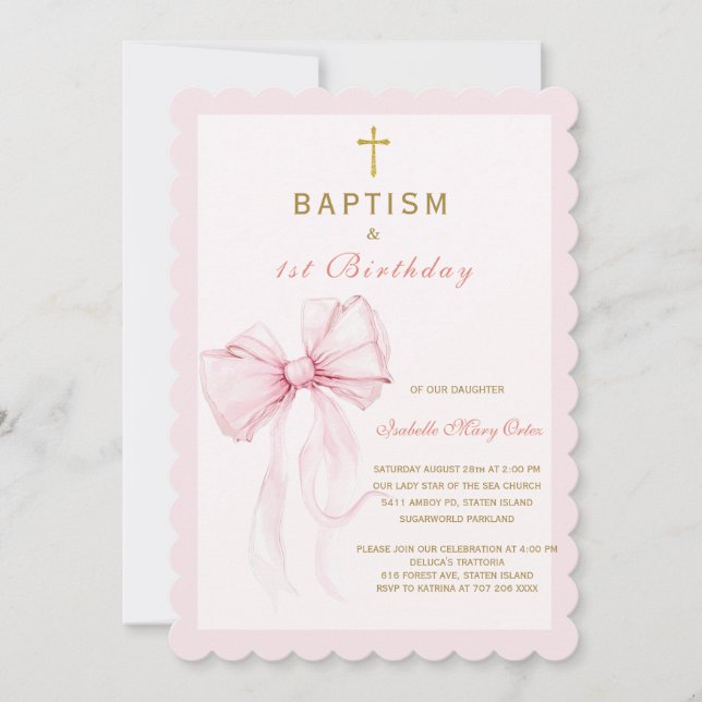 Watercolor Pink Bow Baptism and Birthday Invitation (Front)