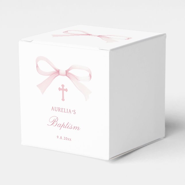 Watercolor Pink Bow Baptism Cube Favour Box (Front Side)