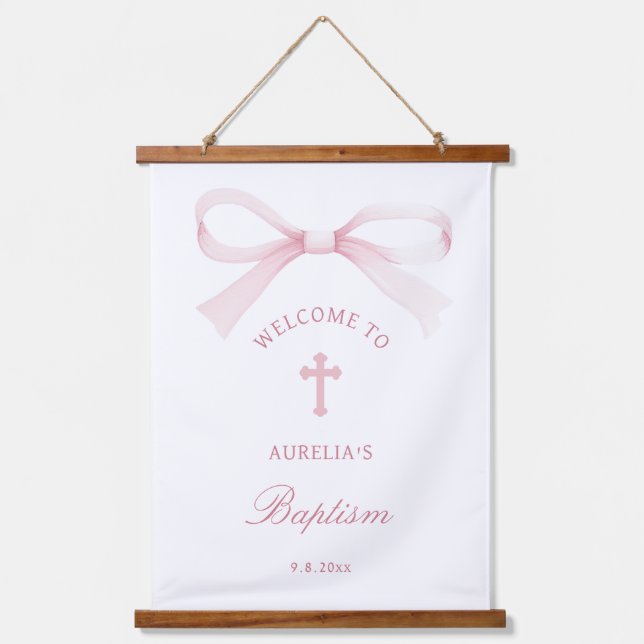 Watercolor Pink Bow Baptism Welcome Hanging Tapestry (Front)