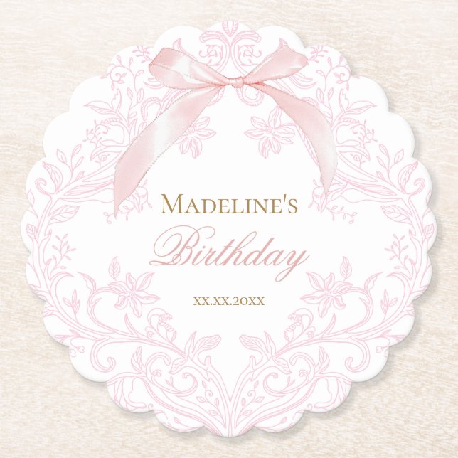  watercolor pink bow Birthday Paper Coaster (Front)