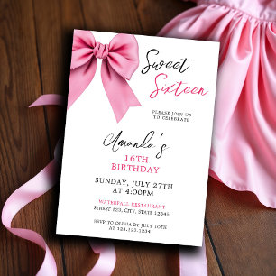 Watercolor Pink Bow Chic Sweet 16 Birthday Invitation