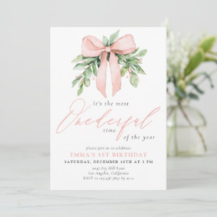 Watercolor Pink Bow Christmas Birthday  Invitation