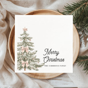 Watercolor Pink Bow Christmas Tree Personalized Napkin