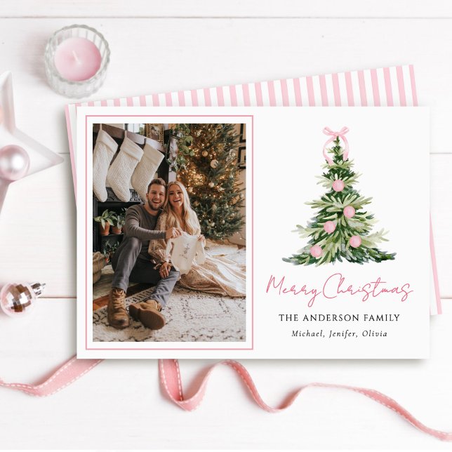 Watercolor Pink Bow Christmas Tree Photo Holiday Card (Creator Uploaded)