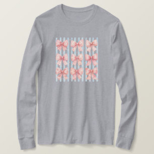 Watercolor Pink Bow Collection Blue Stripe Coquett T-Shirt
