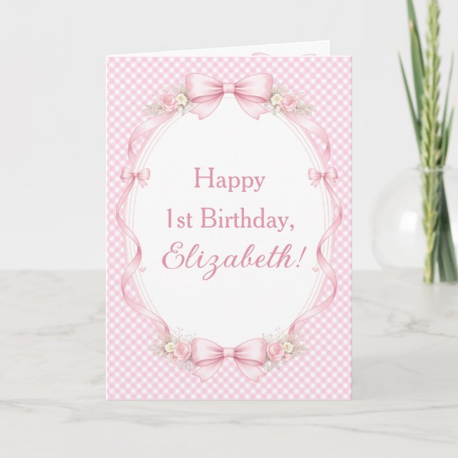 Watercolor Pink Bow Coquette 1st Birthday Greeting Card (Front)