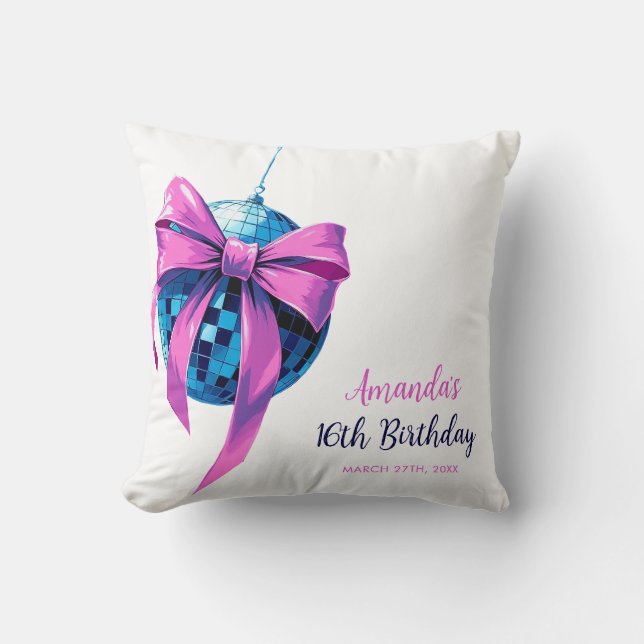 Watercolor Pink Bow Disco Ball Sweet 16 Birthday Cushion (Front)
