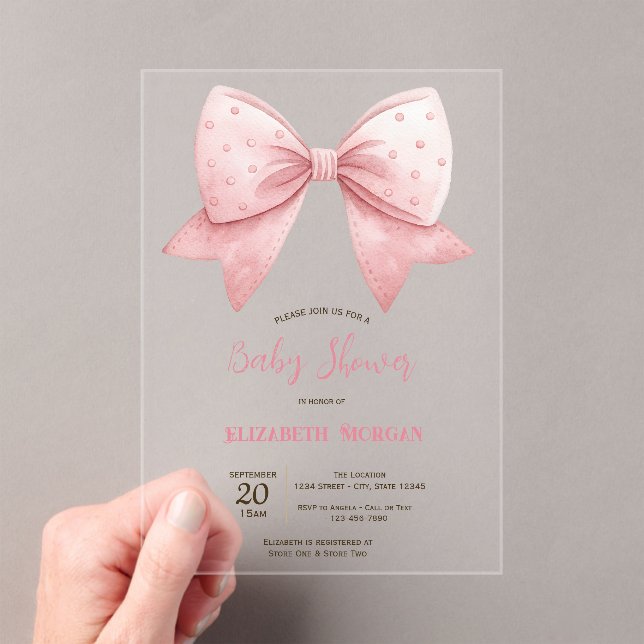 Watercolor Pink Bow Dots Baby Shower  Acrylic Invitations (Insitu (Handheld))