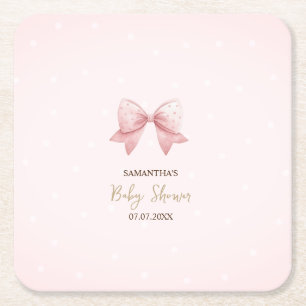 Watercolor Pink Bow Dots Baby Shower Square Paper Coaster
