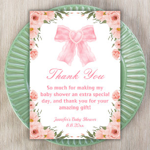 watercolor pink bow floral girl baby shower  thank you card