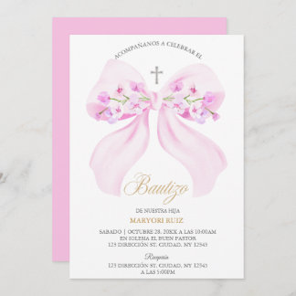 Watercolor Pink Bow Floral Girl Baptism Invitation