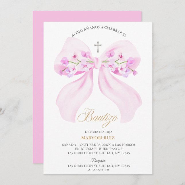 Watercolor Pink Bow Floral Girl Baptism Invitation (Front/Back)