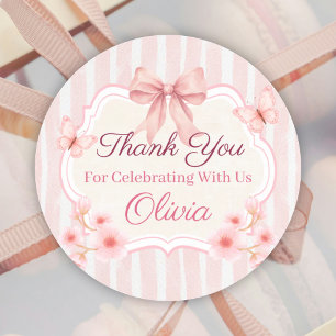 Watercolor Pink Bow, Flowers & Butterfly Birthday Classic Round Sticker