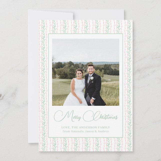 Watercolor Pink Bow Garland Christmas Photo Holiday Card (Front)