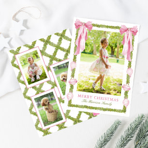 Watercolor Pink Bow Garland Christmas Photo Holiday Card